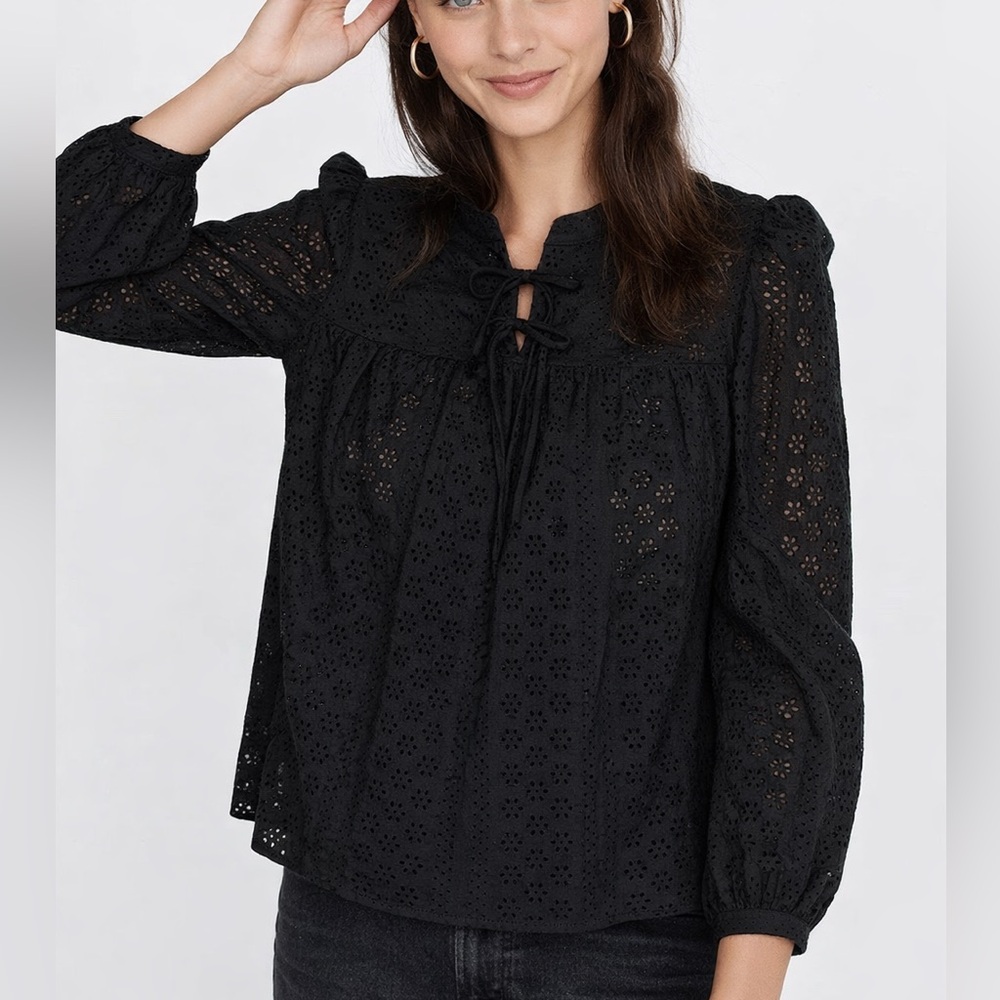 Madewell Eyelet Double-Tie Peasant Top Tie-Neck Blouse XXS Cotton